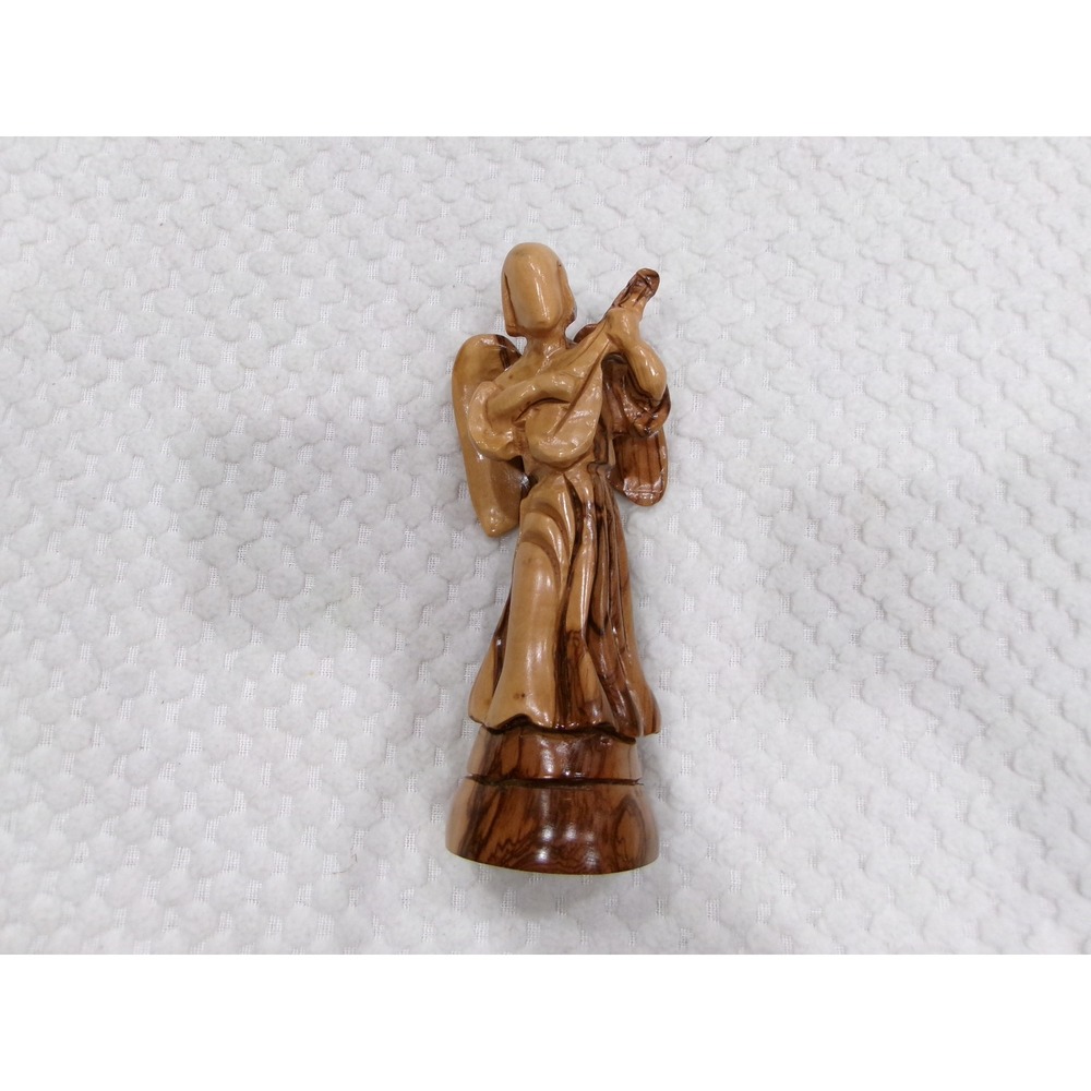 Hand‎ Carved Olive Wood Angel Figurine Playing Lute Religious Statue 6.5 Inch